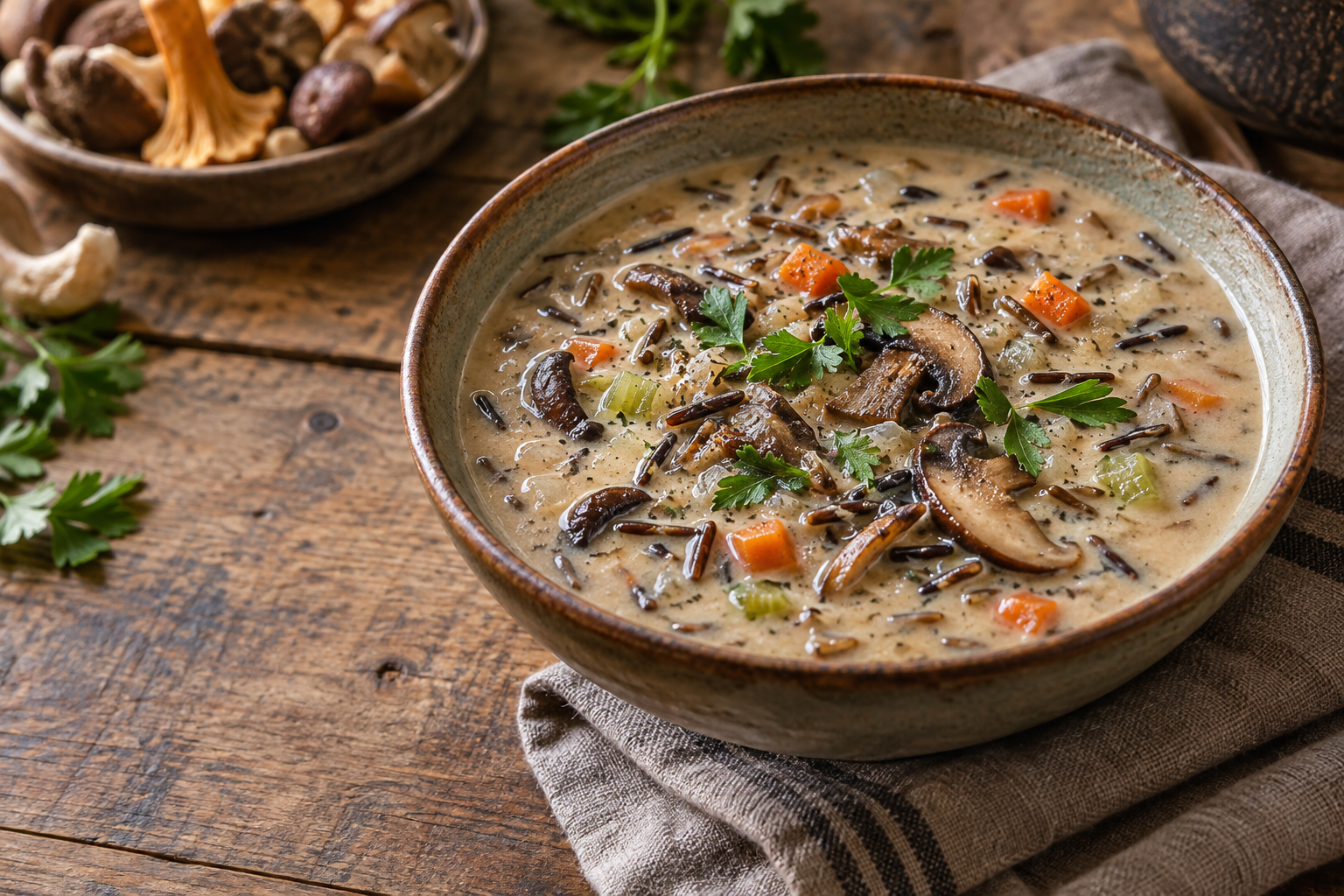 Pilzsuppe mit Wildreis und Waldpilzen